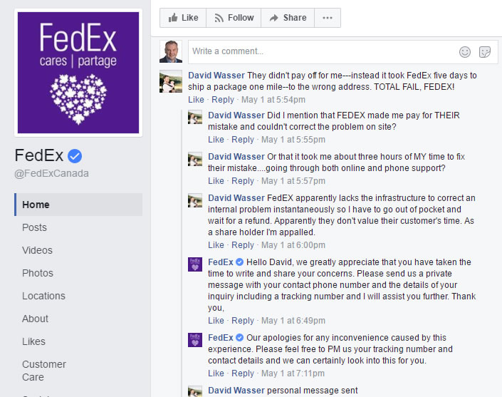 A Facebook snapshot of the Fed Ex Account